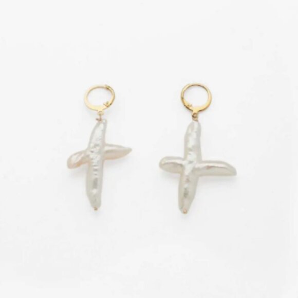 Jewelry - Natural Cross Shape Freshwater Pearl Earrings Copper Gold-Plated Design Feel
